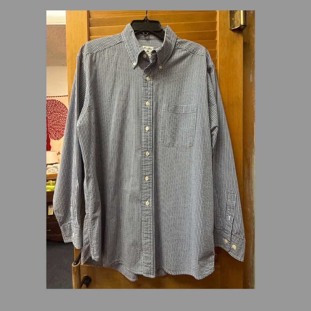 Men's Brooks Brothers Blue & White Gingham Style Long Sleeve Shirt, Size: L, EUC